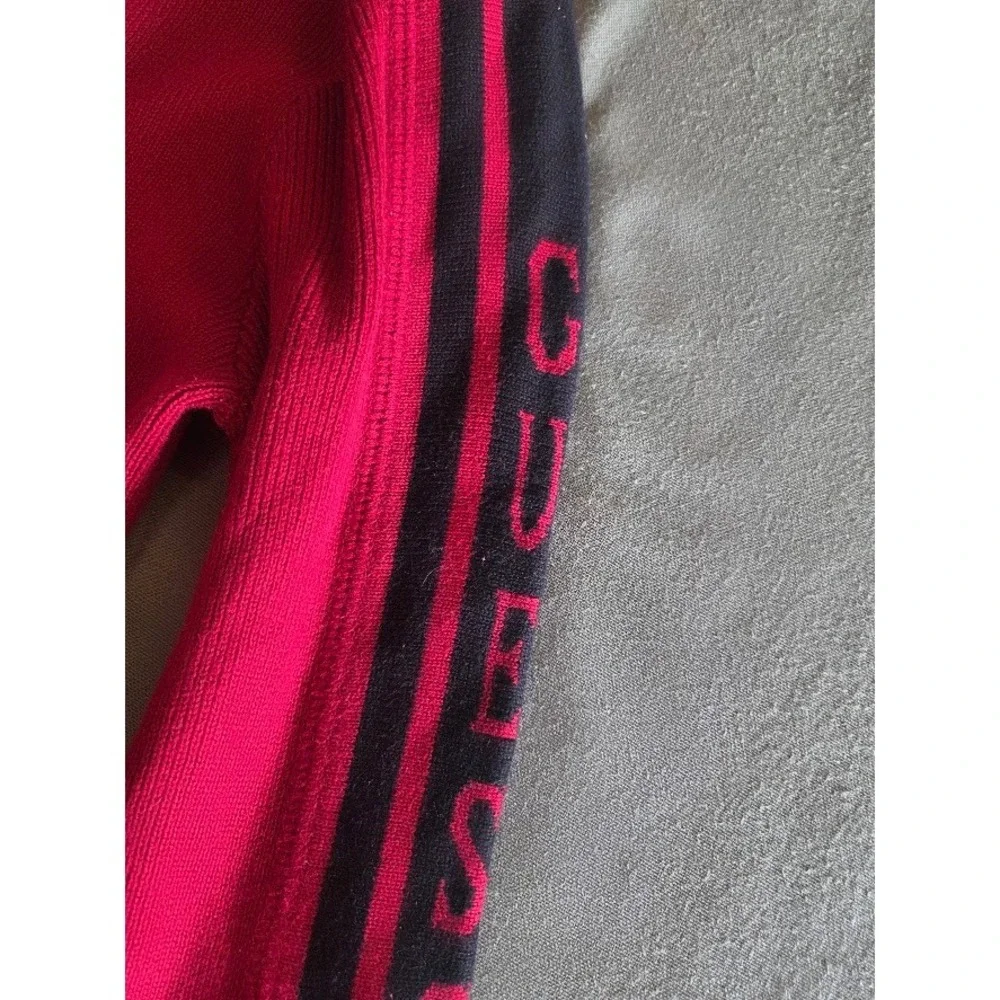 Guess Jeans Vintage Red Ribbed Knit Long Sleeve Sweater Top Logo Stripe Small
